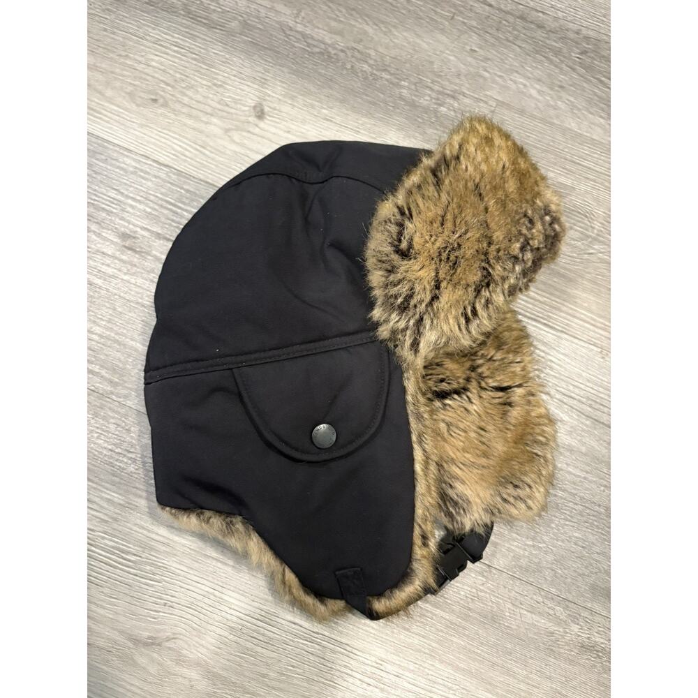 Lands' End black Faux Fur Trapper Ear Flap Hat Lined Size S-M Women’s